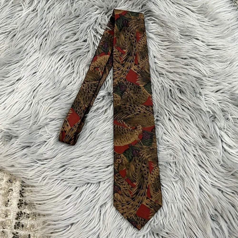 Lands End Mens Hand Printed Pheasant Designed 100% Silk Necktie USA‎ MADE